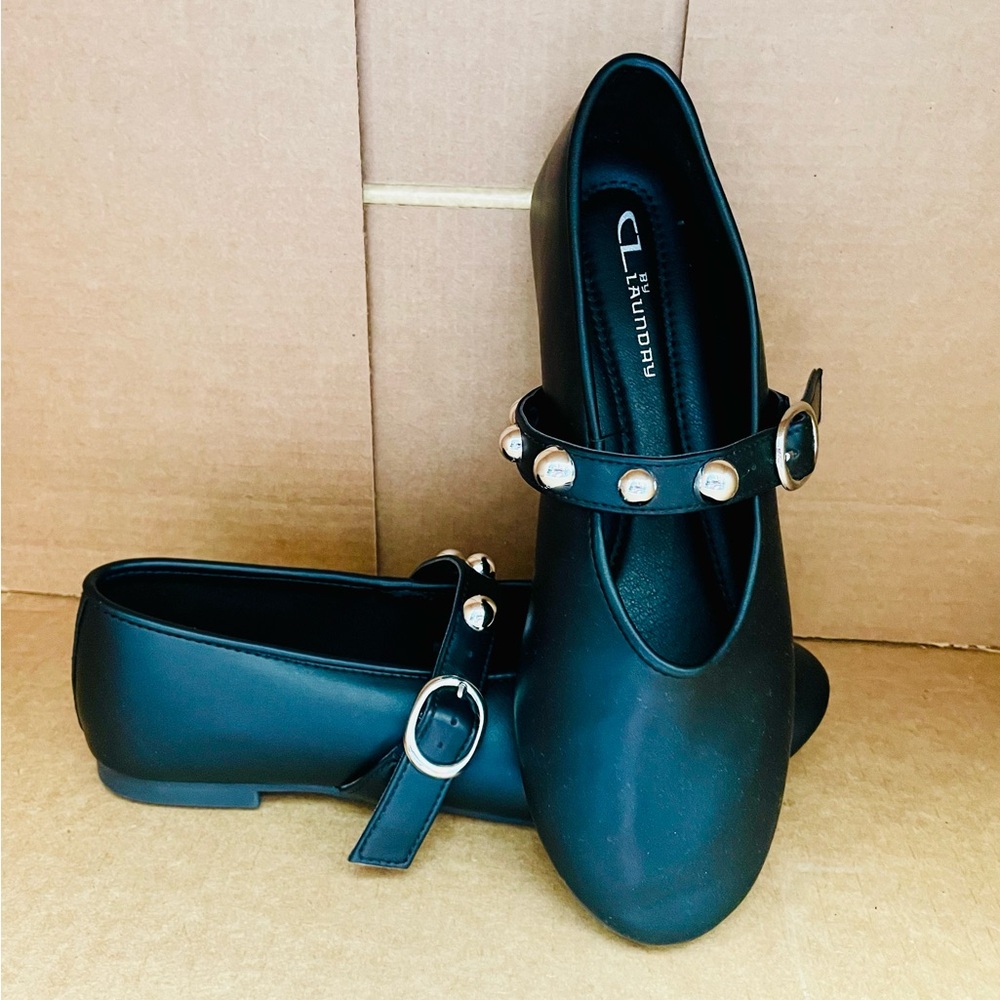 CL by Laundry Black Mary Jane Flats with Studded Strap and Buckle
